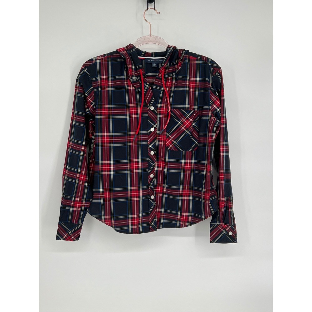 Tommy Hilfiger Plaid Hooded Shirt Long Sleeve Button Down Top XS
